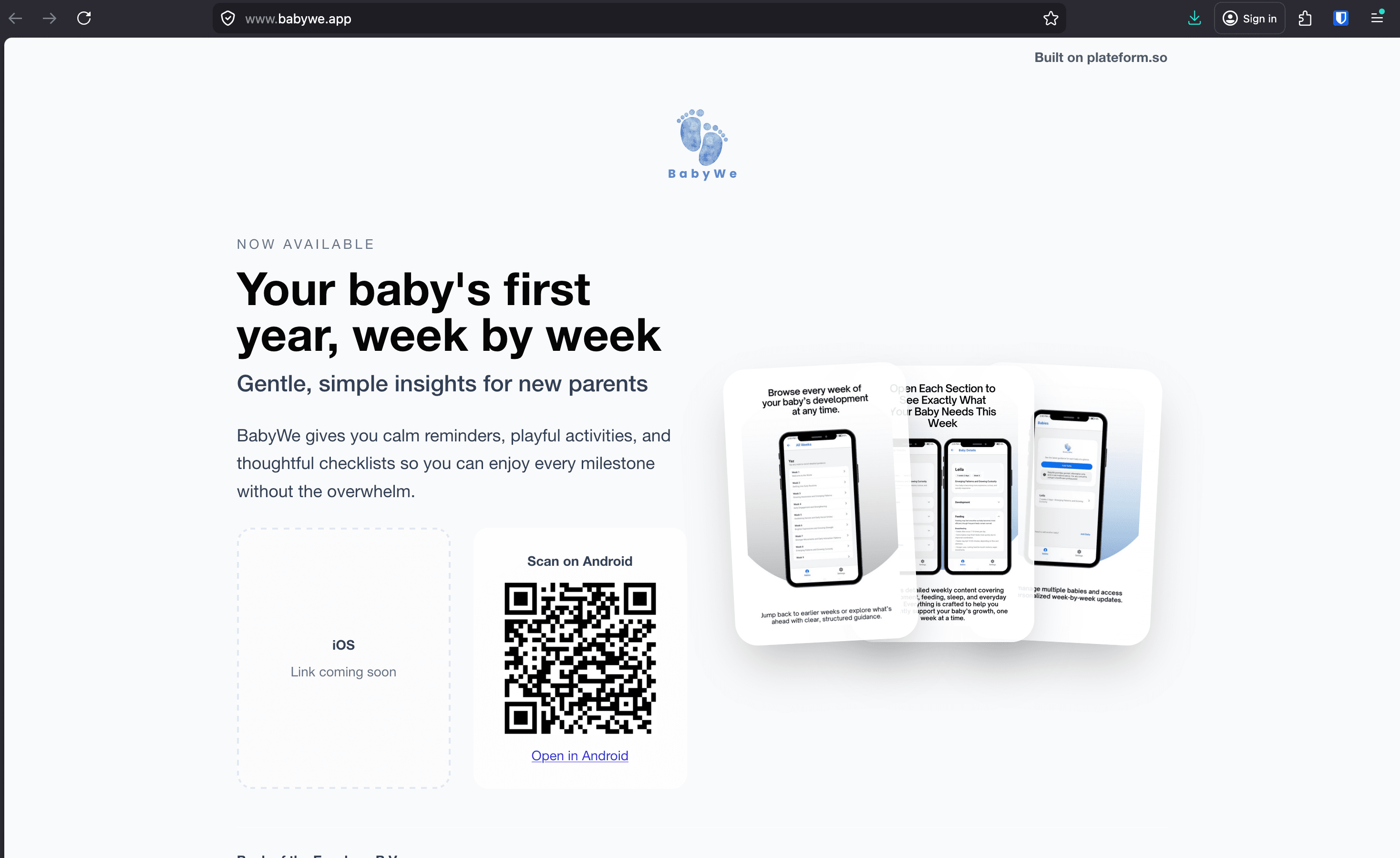 A live mobile app landing page published on Plateform, showing the hero, screenshots, and store badges.