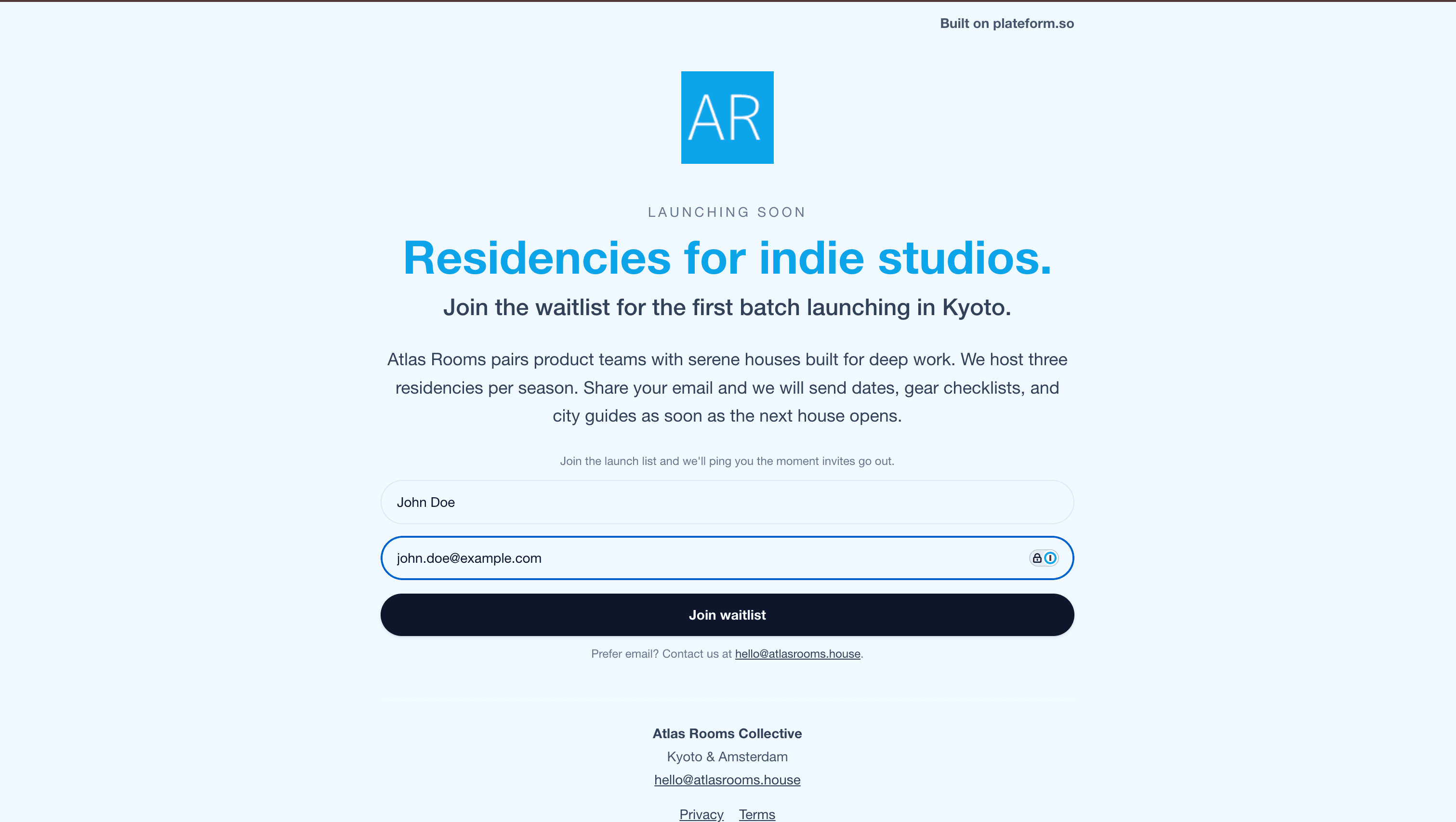 A live waitlist page published on Plateform — headline, value prop, email signup.